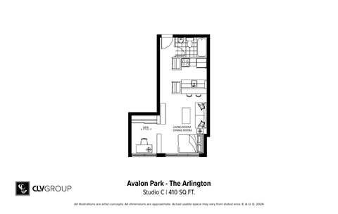 Floor plan for studio, 1 bath